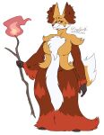 absurd_res anthro big_breasts big_female branch breasts canid canine cheek_tuft claws clothed clothing curled_hair delphox digital_media_(artwork) dress facial_tuft fan_character female fire fluffy fluffy_tail fox fur generation_6_pokemon hair hi_res holding_object holding_weapon inner_ear_fluff looking_at_viewer mammal markings model_sheet neck_tuft nintendo pokemon pokemon_(species) red_eyes red_hair simple_background smile solo tail thick_thighs tuft weapon white_body white_fur xphantomk yellow_body