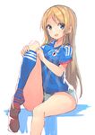  2014_fifa_world_cup absurdres ayase_eli blonde_hair blue_eyes blush breasts dressing hair_down hajime_kaname highres japan japanese_flag leg_up long_hair looking_at_viewer love_live! love_live!_school_idol_project medium_breasts open_mouth panties single_sock sitting smile soccer_uniform socks solo sportswear underwear world_cup 