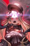  1girl abigail_williams_(fate) black_bow bow crying crying_with_eyes_open dress fate/grand_order fate_(series) forehead glowing hair_bow hat highres keyhole long_hair long_sleeves looking_at_viewer mugetsu2501 multiple_hair_bows open_mouth orange_bow parted_bangs polka_dot polka_dot_bow red_eyes sleeves_past_fingers sleeves_past_wrists solo stuffed_animal stuffed_toy tears teddy_bear very_long_hair 