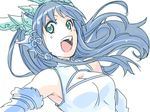  :d aqua_eyes armpits bare_shoulders blue blue_dress blue_gloves blue_hair breasts china_dress chinese_clothes cleavage cleavage_cutout dragon_girl dragon_horns dress elbow_gloves fangs gloves hair_ornament head_fins horns ishiyumi karin_(p&amp;d) long_hair medium_breasts open_mouth puzzle_&amp;_dragons simple_background sleeveless sleeveless_dress smile solo teeth upper_body white_background 