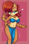  1girl absurdres animal_ears bare_shoulders blue_eyes body_fur bracelet breasts brown_fur cleavage closed_mouth commentary commission furry furry_female heart highres jewelry large_breasts looking_at_viewer midriff navel raiderwolf red_hair sally_acorn simple_background smile solo sonic_(series) sonic_the_hedgehog_(archie_comics) sonic_the_hedgehog_(satam) squirrel_girl standing stomach two-tone_fur 