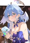  1girl absurdres aqua_eyes band_(skymole01) bare_shoulders bead_bracelet beads blue_hair bracelet breasts choker cleavage cocktail_glass commentary cup detached_sleeves dress drinking_glass gloves head_wings highres honkai:_star_rail honkai_(series) jewelry long_hair looking_at_viewer purple_choker robin_(honkai:_star_rail) short_sleeves smile strapless strapless_dress upper_body white_gloves wings 
