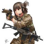  1girl aiming assault_rifle brown_hair camouflage commentary gloves gun handgun headset highres holding holding_gun holding_weapon holster jpc load_bearing_vest military original pistol rifle solo watch weapon weapon_request white_background wristwatch yellow_eyes 
