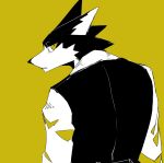  1boy animal_ears body_fur closed_mouth collared_shirt commentary_request furry furry_male highres long_sleeves looking_at_viewer looking_back male_focus original sasamichr shirt simple_background slit_pupils solo spot_color upper_body wolf_boy wolf_ears yellow_background 