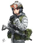  1girl assault_rifle black_hair camouflage gloves goggles goggles_on_headwear gun helmet highres jpc load_bearing_equipment looking_at_viewer military orange_eyes original rifle scope sig_sauer solo weapon white_background 