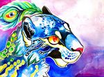  blue_fur clara_(artist) feline fur jaguar looking_away mammal pink_nose red_eyes solo traditional_media watercolor 