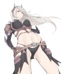  1girl arm_blade armor ass_visible_through_thighs bikini_armor breasts brown_armor closed_mouth commentary_request cowboy_shot expressionless floating_hair from_below gauntlets grey_hair guillotine_cross_(ragnarok_online) hand_on_own_hip large_breasts long_bangs long_hair looking_afar looking_to_the_side navel pauldrons ragnarok_online red_eyes shoulder_armor shrug_(clothing) simple_background solo tugmix weapon white_background 