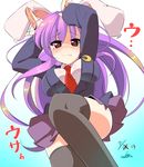 animal_ears arms_behind_head arms_up black_legwear blazer blush breasts bunny_ears bunny_pose dress_shirt gradient gradient_background highres jacket large_breasts leg_lift long_hair long_sleeves looking_at_viewer miton_(turuyasann) necktie purple_hair red_eyes red_neckwear reisen_udongein_inaba shirt solo tearing_up thighhighs touhou very_long_hair wavy_mouth white_shirt 