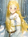  1girl blonde_hair blush coat forest green_eyes hair_ornament ling5707 long_hair looking_to_the_side nature outdoors pointy_ears princess_zelda snow snowing solo the_legend_of_zelda the_legend_of_zelda:_tears_of_the_kingdom upper_body white_coat wind winter 