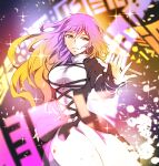  1girl breasts highres hijiri_byakuren ichizen_(o_tori) long_hair long_sleeves multicolored_hair offering_hand one-hour_drawing_challenge puffy_long_sleeves puffy_sleeves purple_hair smile solo touhou two-tone_hair yellow_eyes 