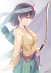  archery arrow artist_name bow_(weapon) breasts flight_deck hachimaki hakama_skirt headband highres hiryuu_(kantai_collection) japanese_clothes kantai_collection kyuudou large_breasts profile purple_eyes quiver remodel_(kantai_collection) short_hair solo wa_(genryusui) weapon 