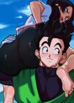  1boy 1girl anus ass ass_focus ass_grab barefoot black_eyes black_hair blue_eyes blush cameltoe covered_anus dragon_ball dragon_ball_z feet from_behind gloves highres huge_ass muscular muscular_male open_mouth roropull smile soles son_gohan spiked_hair toes twintails videl 