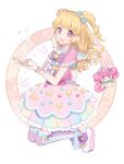  1girl :d blonde_hair blue_bow bow bracelet chiri_(ch!) clock compact_(cosmetics) full_body hair_bow hair_ornament hand_on_own_cheek hand_on_own_face hands_up holding_compact idol_clothes idol_time_pripara jewelry long_hair looking_at_viewer open_mouth pink_bow pink_shirt pink_skirt pretty_series pripara punicorn purple_bow purple_eyes ringlets shirt shoes skirt smile solo star_(symbol) star_hair_ornament third-party_source two_side_up unicorn white_background yumekawa_yui 