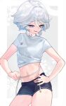  1girl :d ahoge blue_eyes blue_shorts commentary_request cowboy_shot furina_(genshin_impact) genshin_impact grey_shirt hair_intakes hand_on_own_hip highres measuring midriff navel popo_(mochimai275642) shirt short_hair short_shorts short_sleeves shorts smile solo standing stomach tape_measure thighs waist_measuring white_hair 