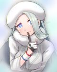  1girl artist_name blonde_hair blue_eyes breasts dynamax_band earrings fur_collar fur_hat gloves hat highres index_finger_raised jewelry large_breasts long_hair long_sleeves mature_female melony_(pokemon) multicolored_hair pantyhose_under_shorts pearl_earrings pokemon pokemon_swsh scarf shorts single_glove solo streaked_hair sweater totennko upper_body ushanka white_scarf white_sweater 