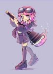  1girl black_thighhighs commentary full_body goggles goggles_on_head grey_background highres holding holding_weapon looking_at_viewer medium_hair octobrush_(splatoon) octoling octoling_girl octoling_player_character pink_hair pleated_skirt popop_tart purple_eyes shoes simple_background skirt solo sparkle splatoon_(series) splatoon_3 standing star_(symbol) star_in_eye symbol_in_eye tentacle_hair thighhighs weapon 