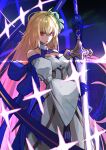  1girl antenna_hair archetype_earth arcueid_brunestud bare_shoulders blonde_hair breasts detached_sleeves dress fate/grand_order fate_(series) flower gloves highres holding holding_sword holding_weapon kdm_(ke_dama) long_hair long_skirt looking_at_viewer medium_breasts multicolored_clothes multicolored_skirt princess_outfit red_eyes skirt solo strapless strapless_dress sword very_long_hair weapon white_dress 