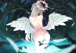  1girl absurdres angel_wings ass back bathing blue_archive branch completely_nude facing_away feathered_wings feathers flower forest from_behind glowing hair_flower hair_ornament halo highres light_brown_hair long_hair low_wings nagisa_(blue_archive) nature nude outdoors standing tananne tree very_long_hair wading water white_wings wings 