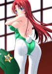  alternate_costume ass back blue_eyes blush braid breasts bunny_girl bunny_tail bunnysuit covering covering_mouth green_leotard hat hat_removed headwear_removed hong_meiling kirisaki_byakko large_breasts leotard long_hair looking_at_viewer looking_back pantyhose red_hair solo star tail touhou twin_braids white_legwear window 