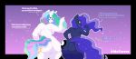 absurd_res anthro blue_body blue_eyes blue_fur breasts butt comparing_butts cutie_mark dialogue duo english_text equid equine female friendship_is_magic fur hasbro hi_res horn horse mammal mrferret my_little_pony mythological_creature mythological_equine mythology nude princess_celestia_(mlp) princess_luna_(mlp) purple_eyes sparkles text unicorn white_body white_fur