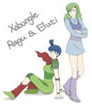  blue_eyes blue_hair boots crossed_arms elchi_cargo green_eyes green_hair hair_clip hair_ornament hairclip knee_pads leg_warmers long_hair multiple_girls rag_uralo scarf sentou_mecha_xabungle short_hair shoulder_pads side_ponytail sitting 