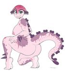  3mangos areola big_breasts big_butt blue_eyes breasts butt female freckles hindpaw looking_at_viewer nails nipples paws pink_skin plain_background purple_skin scalie smile solo spikes thick_thighs thighs unknown_species white_background 