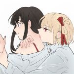  2girls black_hair blonde_hair bra bra_strap closed_mouth collared_shirt commentary hair_ribbon hand_on_another&#039;s_shoulder holding_another&#039;s_wrist inoue_takina licking licking_another&#039;s_neck long_hair long_sleeves lycoris_recoil medium_hair multiple_girls nishikigi_chisato off_shoulder open_clothes open_shirt purple_eyes red_bra red_eyes red_ribbon ribbon shiratama_draw shirt tongue tongue_out underwear upper_body white_shirt yuri 