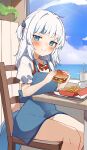  1girl alternate_costume blue_dress blue_hair blue_sky blush burger cloud collared_shirt dress fins fish_tail food french_fries gawr_gura grey_hair hair_ornament highres holding holding_burger holding_food hololive hololive_english medium_hair multicolored_hair orobou shark_girl shark_hair_ornament shark_tail shirt sky smile solo streaked_hair tail two_side_up virtual_youtuber white_shirt 