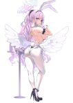  1girl angel_wings animal_ears asanagi ass back bare_shoulders blue_archive blush breasts fake_animal_ears feathered_wings from_behind full_body halo high_heels highres large_breasts leotard long_hair looking_at_viewer looking_back low_wings mika_(blue_archive) pantyhose pink_hair playboy_bunny ponytail rabbit_ears rabbit_tail sideboob sidelocks simple_background solo standing tail white_background white_leotard white_pantyhose white_wings wings wrist_cuffs yellow_eyes 