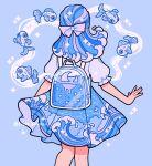  1girl backpack bag blue_background blue_hair blue_theme bow constellation constellation_print cowboy_shot crescent_moon emily_kim fish from_behind hair_bow highres liquid liquid_hair monochrome moon original pastel_colors puffy_short_sleeves puffy_sleeves shirt short_sleeves simple_background sparkle twitter_username wave_print white_bow white_shirt 