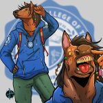 1:1 2022 5_fingers absurd_res accessory anthro artist_logo backpack bead biped blue_clothing blue_hoodie blue_text blue_topwear bottomwear braided_hair brown_body brown_ears brown_fur brown_hair brown_markings brown_nose clothing college_logo college_student colored dated empty_eyes english_text equid equine fingers front_view fur green_bottomwear green_clothing green_pants hair hair_accessory hand_on_hip hand_on_own_hip head_turned headshot_portrait hi_res hoodie horse international_state_college_of_the_philippines jewelry logo logo_background logo_on_hoodie male mammal markings markoriginals mythology necklace orange_clothing orange_shirt orange_topwear pants philipine_mythology philippine_mythology picking_nose pink_inner_ear pockets portrait red_tongue shaded shirt simple_background solo standing tassels teeth text three-quarter_portrait tikbalang tongue tongue_out topwear white_background white_text yellow_eyes yellow_teeth