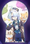  11524tene 1boy black_coat blue_hair clockie_(honkai:_star_rail) coat colored_eyelashes hamster_ball_knight_(honkai:_star_rail) hanu_(honkai:_star_rail) hat highres honkai:_star_rail honkai_(series) keyhole light_blue_hair misha_(honkai:_star_rail) open_mouth origami_bird_(honkai:_star_rail) ponytail purple_eyes shorts 