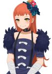  1girl bandaged_arm bandages black_choker black_dress choker closed_mouth dress facial_mark fire_emblem fire_emblem_engage flower hair_flower hair_ornament highres long_hair looking_at_viewer orange_hair panette_(fire_emblem) patty_ojisan smile solo stitched_mouth stitches upper_body yellow_eyes 