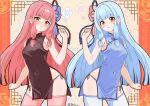  2girls :o arm_at_side armpit_crease bare_shoulders black_panties blue_bow blue_dress blue_hair blush bow breasts brown_dress china_dress chinese_clothes collared_dress contrapposto covered_navel cowboy_shot dot_nose dress hair_bow hair_intakes hand_up highres kotonoha_akane kotonoha_aoi large_breasts legs_apart long_bangs long_hair looking_at_viewer multiple_girls open_mouth panties pelvic_curtain pillarboxed pink_hair poke_kuu red_bow red_eyes siblings side-by-side side-tie_panties side_slit sidelocks sisters straight_hair twitter_username underwear voiceroid 