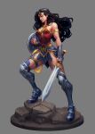  1girl armlet armored_boots black_hair blue_eyes boots circlet dc_comics full_body gold_armlet grey_background highres holding holding_shield holding_sword holding_weapon joe_madureira long_hair rock shield simple_background solo standing sword vambraces weapon wonder_woman 
