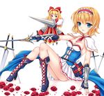  alice_margatroid alternate_costume blonde_hair blue_eyes blush book boots breasts capelet dress fingerless_gloves flower fred0092 gloves hairband highres looking_at_viewer multiple_girls rose shanghai_doll short_hair sitting small_breasts smile sword touhou weapon 