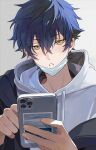  1boy blue_hair blue_jacket ensemble_stars! hair_between_eyes hands_up head_tilt holding holding_phone hood hoodie jacket looking_at_viewer male_focus mask mask_pull mouth_mask open_clothes open_jacket parted_lips phone portrait sarara_rarara sazanami_jun short_hair simple_background solo teeth white_hoodie white_mask yellow_eyes 