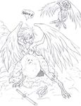  armor avian belly breasts bulge burping claws english_text feathers female flying hair harpy helmet human imprint mammal monster monster_girl mountain nest nude slash smile struggling sword talons teeth text thighs toe_claws tongue tongue_out vore weapon wings 