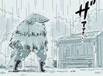  ajirogasa comic fujiwara_no_mokou hat mitsumoto_jouji monochrome rain solo straw_cape touhou 