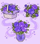  basket constellation emily_kim flower gingham highres leaf liquid no_humans original peony_(flower) picnic_basket purple_flower purple_theme simple_background sparkle twitter_username vase 