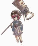  1other :3 adapted_costume androgynous atoymk bandage_on_face bandages blue_shirt brown_helmet closed_mouth collared_shirt frilled_skirt frills goggles goggles_on_headwear hair_between_eyes hand_on_own_hip helmet highres holding katano_sukune katano_sukune&#039;s_bottle_opener len&#039;en other_focus pleated_skirt red_eyes red_hair shirt short_hair simple_background sketch skirt solo steampunk white_background white_skirt 