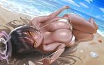  1girl beach bikini black_hair blue_archive blush breasts covered_nipples dark-skinned_female dark_skin halo highres huge_breasts karin_(blue_archive) looking_at_viewer mddueck outdoors seashell shell solo starfish sweat swimsuit twitter_username white_bikini yellow_eyes 