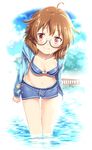  ahoge araki_hina blue_sky blush bridge brown_eyes brown_hair cloud day glasses hood hoodie idolmaster idolmaster_cinderella_girls leaning_forward looking_at_viewer mitsuki_meiya sky smile solo swimsuit water 