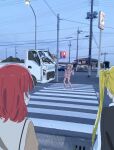  4girls 818_seki blonde_hair blue_hair bocchi_the_rock! commentary crosswalk dancing driving dusk gotoh_hitori hashtag-only_commentary heart heart-shaped_eyewear highres ijichi_nijika imminent_isekai jacket kita_ikuyo long_hair motor_vehicle multiple_girls no_shoes outdoors pants photo_background pink_hair pink_jacket pink_pants power_lines red_hair side_ponytail socks standing sunglasses track_jacket traffic_light utility_pole vehicle_request white_socks yamada_ryo 