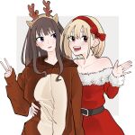  2girls animal_costume antlers bare_shoulders belt blonde_hair blush bow_hairband brown_hair commentary_request dress grey_background hairband hand_on_another&#039;s_waist hand_up highres horns inoue_takina long_hair long_sleeves looking_at_viewer lycoris_recoil medium_hair multiple_girls nishikigi_chisato off-shoulder_dress off_shoulder open_mouth parted_lips purple_eyes red_dress red_eyes red_hairband reindeer_antlers reindeer_costume santa_dress shiratama_draw smile two-tone_background upper_body v white_background yuri 