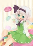  :d aqua_eyes ascot food holding in_food konpaku_youmu konpaku_youmu_(ghost) looking_at_viewer macaron open_mouth oversized_object rowtan short_hair silver_hair sitting sitting_on_object smile striped striped_background touhou vertical-striped_background vertical_stripes 