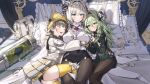  3girls absurdres animal_ears bag beanie blonde_hair blue_eyes blush breasts brown_hair chime_(nikke) closed_eyes closed_mouth commentary crown_(nikke) gloves goddess_of_victory:_nikke green_eyes green_hair hair_between_eyes hairband hand_on_another&#039;s_head hat highres hug indoors kilo_(nikke) large_breasts leg_between_thighs long_hair long_sleeves lying multiple_girls open_mouth pantyhose pillow piyo_(pixiv_2308057) shirt short_hair skirt smile tail thighhighs very_long_hair yellow_beanie 