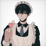  1boy apron black_eyes black_hair black_shirt blue_necktie closed_mouth collared_shirt crossdressing expressionless frills grid_background hand_up heart highres long_sleeves looking_at_viewer maid maid_apron maid_headdress male_focus male_maid middle_finger necktie original shirt short_hair si_lkskin solo upper_body white_background 