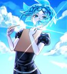  1other belt black_shirt blue_sky clipboard cloud covered_mouth floating_hair gem_uniform_(houseki_no_kuni) ghg780850545501 glint green_eyes green_hair hashtag-only_commentary highres holding holding_clipboard holding_pencil houseki_no_kuni looking_at_viewer pencil puffy_short_sleeves puffy_sleeves shirt short_sleeves sky solo white_belt 