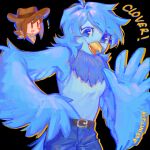 absurd_res anthro avian beak belt belt_buckle bird blue_body blue_eyes blue_feathers blue_hair bottomwear brown_hair clothed clothing clover_(undertale_yellow) cowboy_hat denim denim_bottomwear denim_clothing digital_media_(artwork) duo english_text feathered_wings feathers female hair hat headgear headwear hi_res human jeans looking_at_viewer male mammal martlet_(undertale_yellow) neck_tuft open_mouth pants simple_background smile standing text tongue topwear tuft undertale undertale_(series) undertale_yellow veinyflesh wings yellow_beak